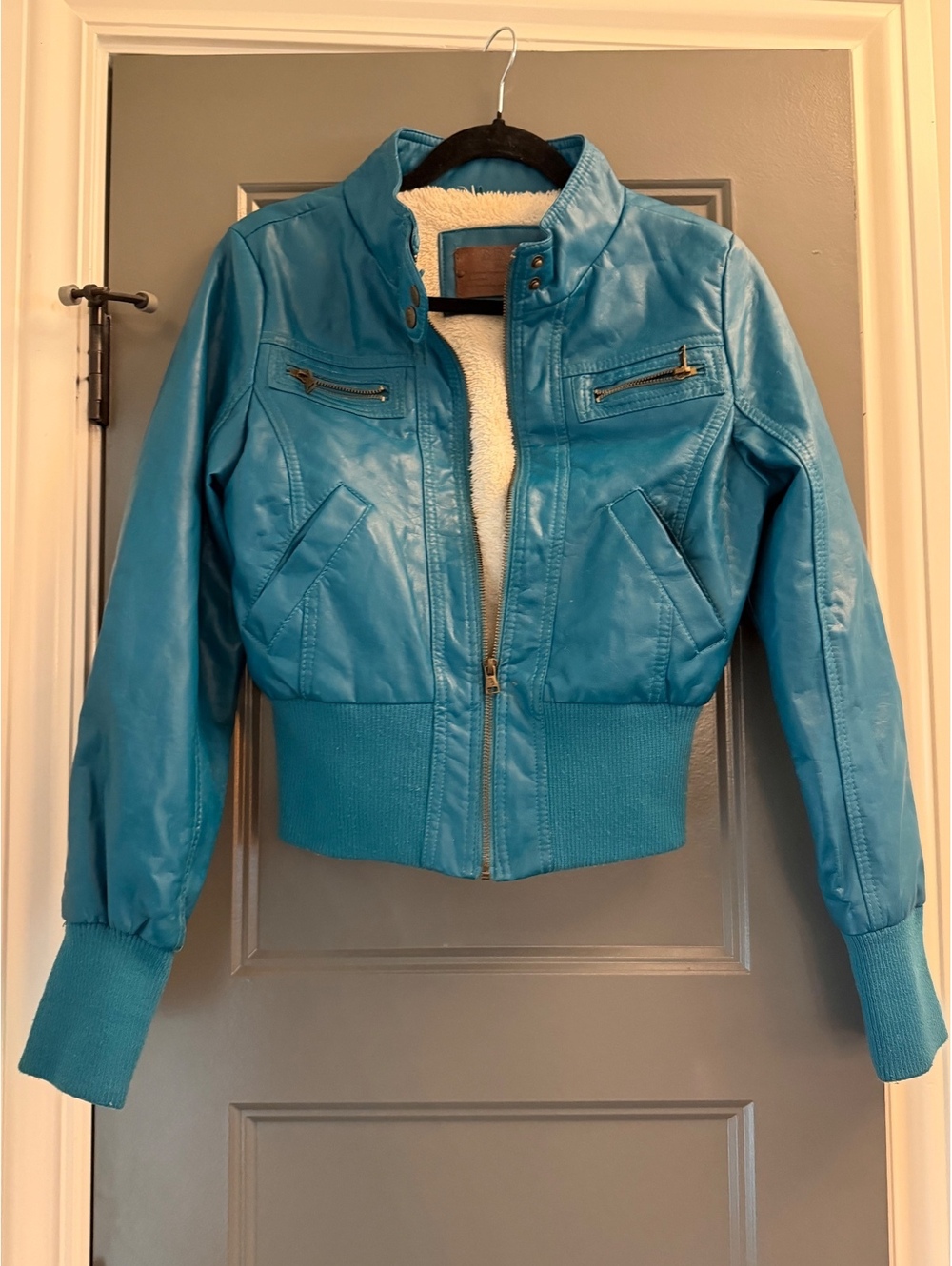 BB Blue Faux Leather Women's Jacket with Sherpa Lining